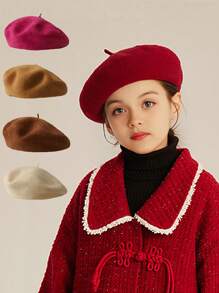 1 Children's Solid Color Retro Matching Beret High Quality Beret Is Not Easy To Ball Girls Suitable For The Autumn And Winter Season Christmas / Halloween Use - Berets - View 1