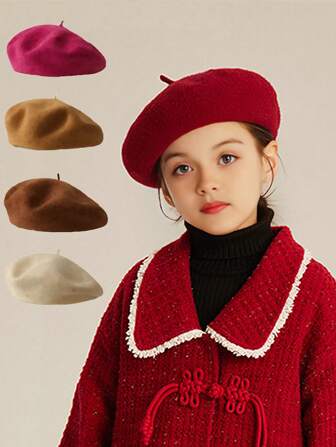 1 Children's Solid Color Retro Matching Beret High Quality Beret Is Not Easy To Ball Girls Suitable For The Autumn And Winter Season Christmas / Halloween Use