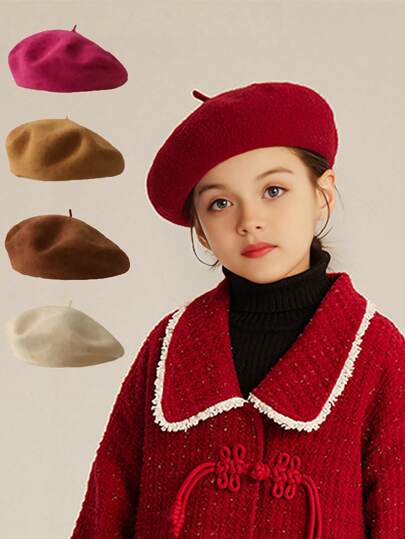1 Children's Solid Color Retro Matching Beret High Quality Beret Is Not Easy To Ball Girls Suitable For The Autumn And Winter Season Christmas / Halloween Use