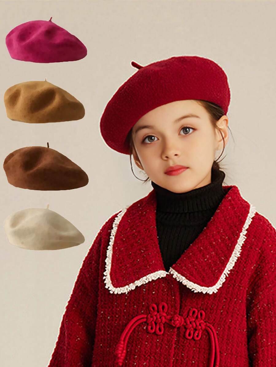 1 Children's Solid Color Retro Matching Beret High Quality Beret Is Not Easy To Ball Girls Suitable For The Autumn And Winter Season Christmas / Halloween Use - Berets - View 1
