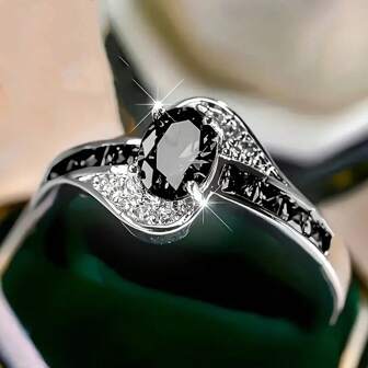 Elegant S925 Sterling Silvery Ring With Black Cubic Zirconia - Starry Sky Design, Perfect For Engagement & Wedding Gift, Hypoallergenic