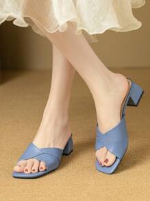 Sandálias femininas de salto quadrado e salto grosso para o verão, sandálias azuis de salto alto e bico aberto - Baby Azul - Ver 1