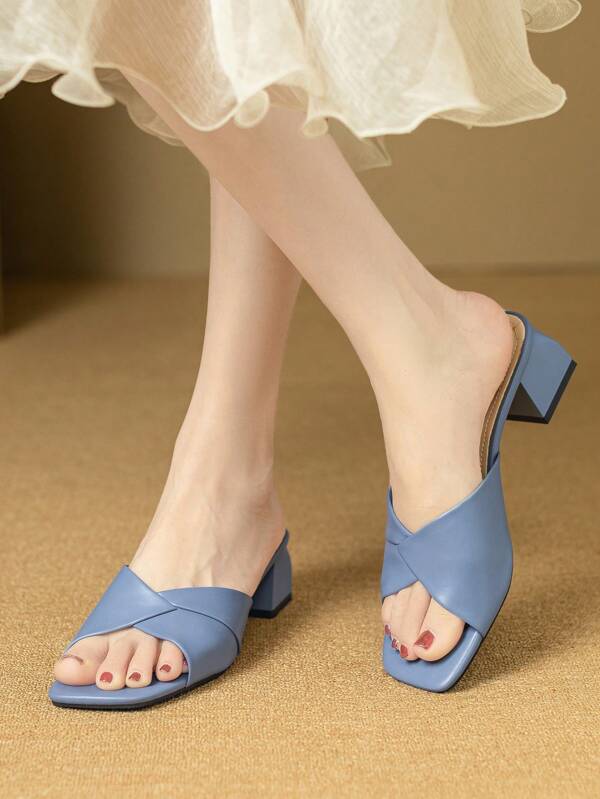 Women's Square Toe Chunky Heel Slide Sandals For Summer, Blue Open Toe High Heel Sandals