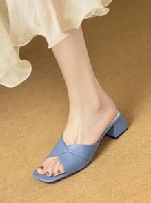 Sandálias femininas de salto quadrado e salto grosso para o verão, sandálias azuis de salto alto e bico aberto - Baby Azul - Ver 3