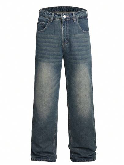 Men's Retro Blue Wide Leg Jeans, Suitable For Casual Wear
