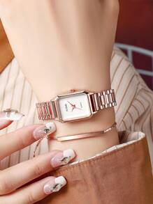 2pcs/Set: Elegant Fashion Women's Quartz Watch With Roman Numeral Dial And Minimalist Steel Band + One-Piece Bangle Bracelet, Suitable For Daily Wear, Birthday, Anniversary, Christmas, Valentine's Day Gifts