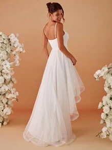 EVERPRETTY Romantic Appliques High Low Hem Flattering Cami Wedding Dress White Elegant Bridal Dresses For Summer Wedding Party,Bride