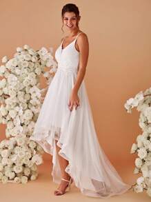 EVERPRETTY Romantic Appliques High Low Hem Flattering Cami Wedding Dress White Elegant Bridal Dresses For Summer Wedding Party,Bride