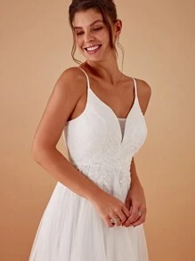 EVERPRETTY Romantic Appliques High Low Hem Flattering Cami Wedding Dress White Elegant Bridal Dresses For Summer Wedding Party,Bride