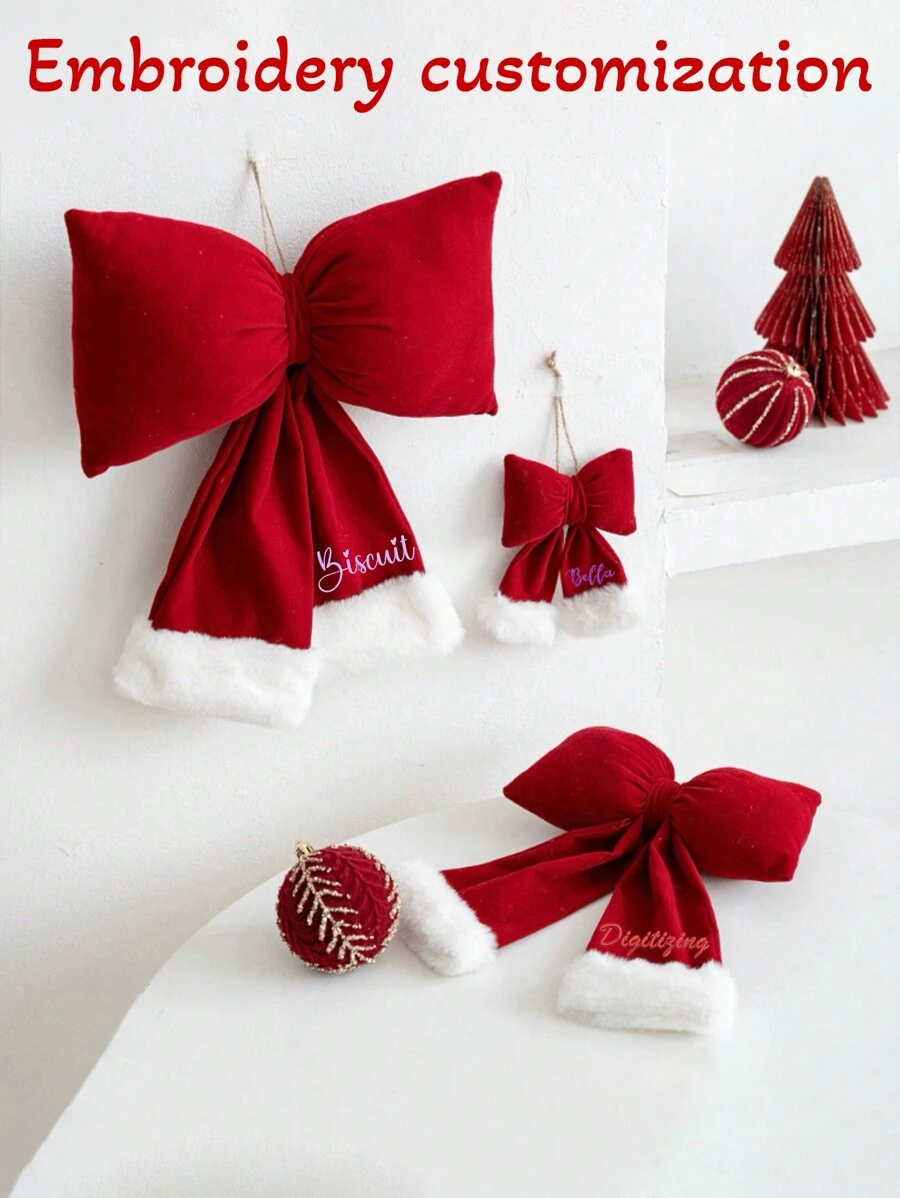 1 件定制刺绣圣诞装饰蝴蝶结装饰，红色植绒 3D 蝴蝶结圣诞树植绒装饰，适用于商店橱窗展示，可作为家人和朋友的礼物