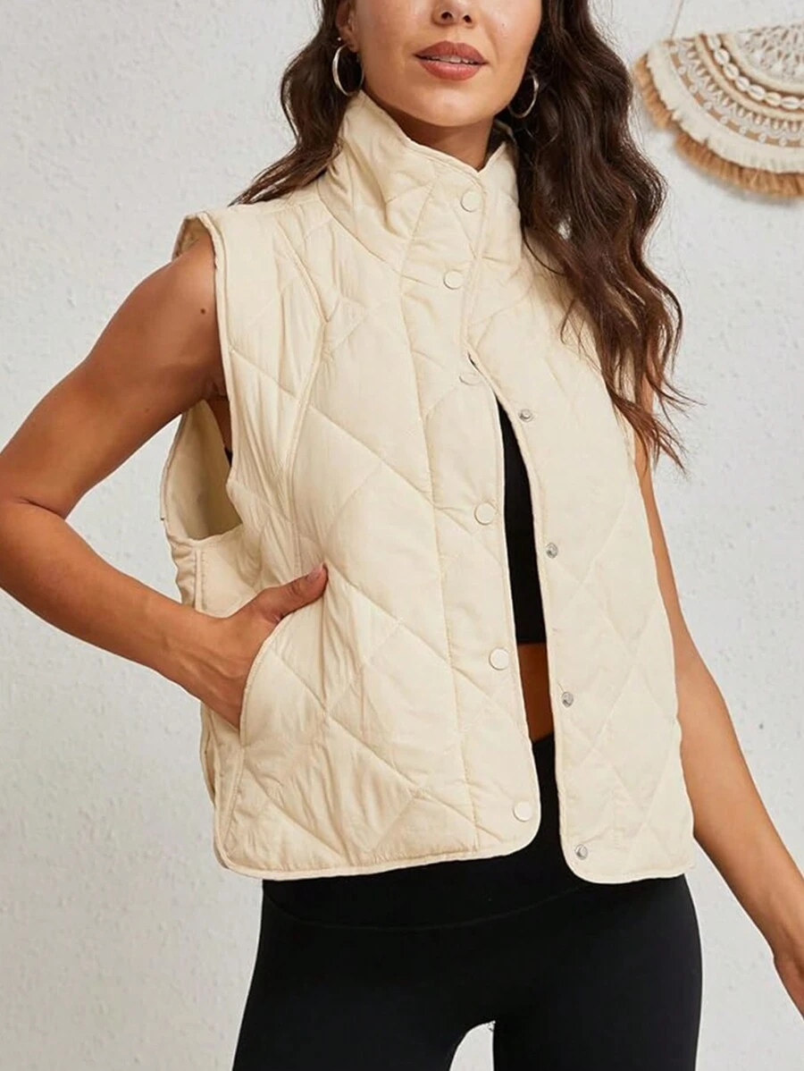 Women's Quilted Puffer Vest Sleeveless Stand Collar Lightweight Jacket Button Gilet With Pockets - 米色 - 查看 1
