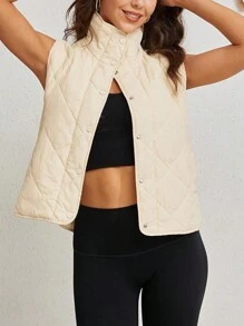 Women's Quilted Puffer Vest Sleeveless Stand Collar Lightweight Jacket Button Gilet With Pockets - 米色 - 查看 3