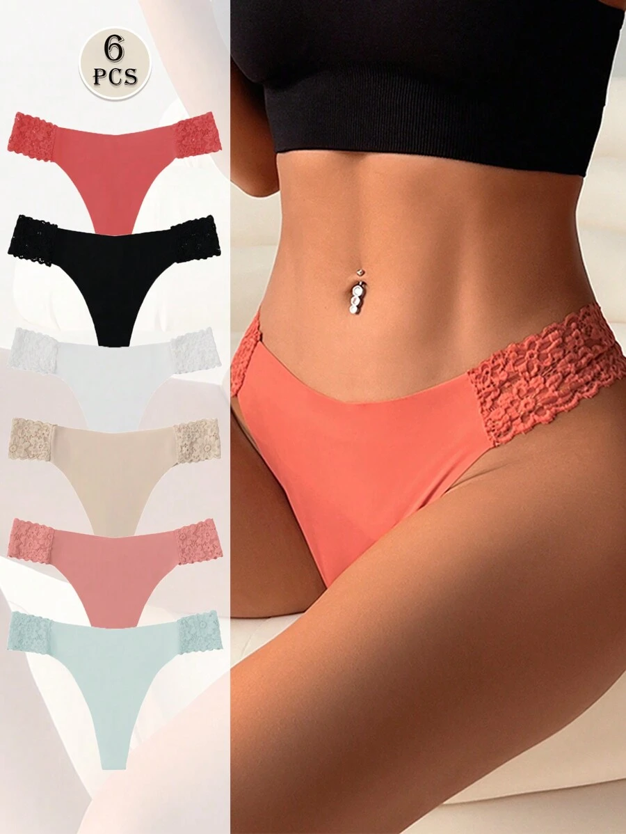 6 piezas de bragas sin costuras de seda de hielo para mujer, con ropa interior deportiva cómoda y transpirable, con encaje y diseño de cintura en V sexy