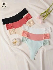 6 piezas de bragas sin costuras de seda de hielo para mujer, con ropa interior deportiva cómoda y transpirable, con encaje y diseño de cintura en V sexy