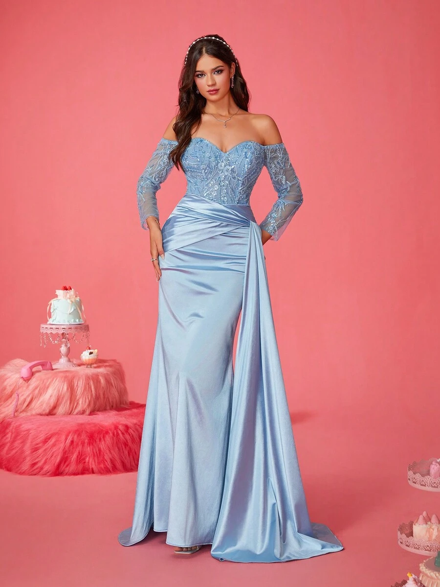 New Luxury Lady Light Blue Cocktail Evening Gown - Baby Blue - View 1