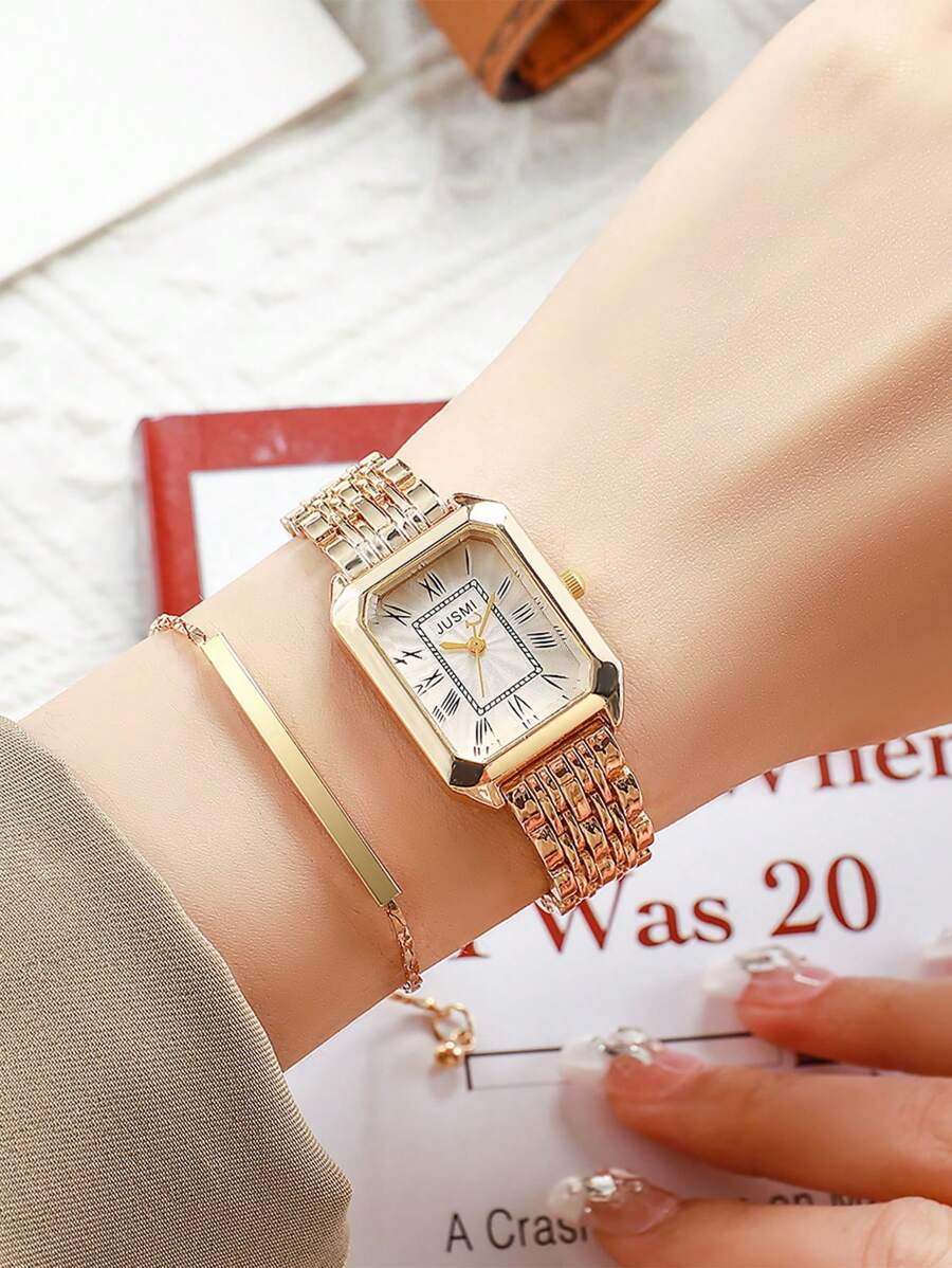 2pcs/Set: Elegant Fashion Women's Quartz Watch With Roman Numeral Dial And Minimalist Steel Band + One-Piece Bangle Bracelet, Suitable For Daily Wear, Birthday, Anniversary, Christmas, Valentine's Day Gifts