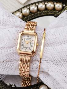 2pcs/Set: Elegant Fashion Women's Quartz Watch With Roman Numeral Dial And Minimalist Steel Band + One-Piece Bangle Bracelet, Suitable For Daily Wear, Birthday, Anniversary, Christmas, Valentine's Day Gifts