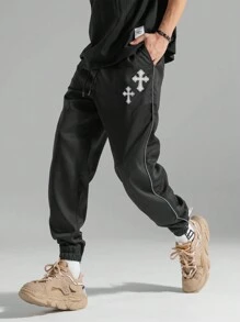 Men's Casual Tapered Cargo Pants With Embroidered Cross - Black - View 1