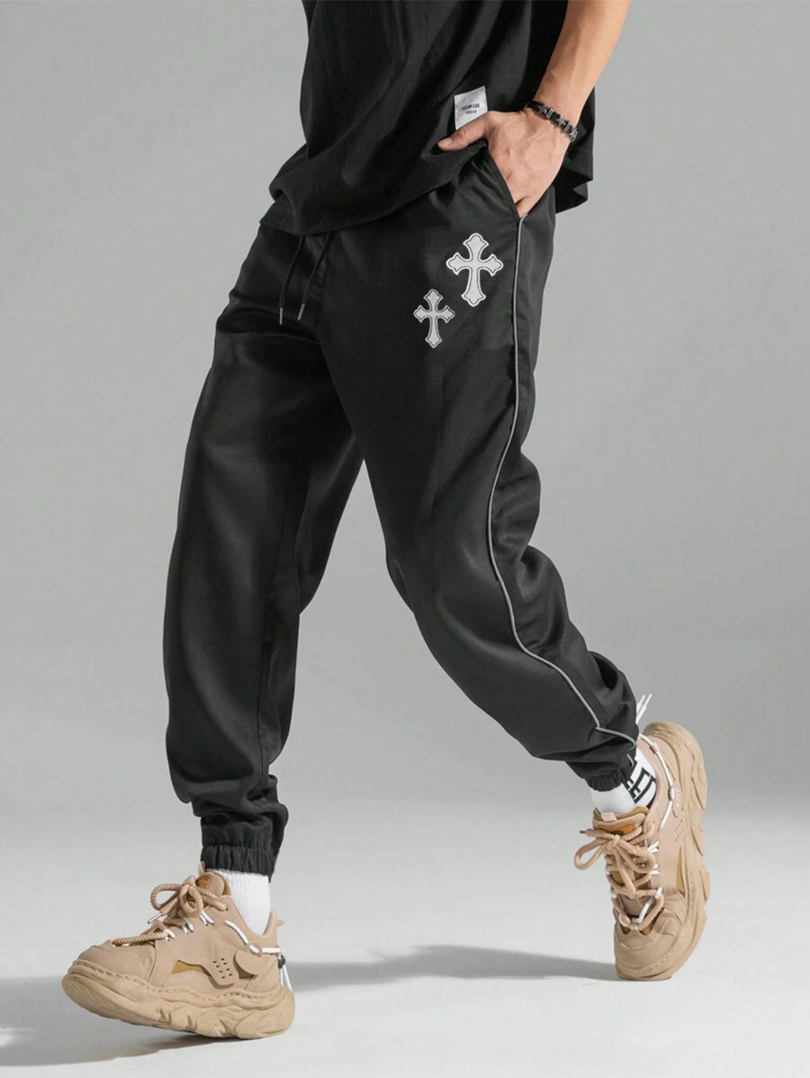 Men's Casual Tapered Cargo Pants With Embroidered Cross - Black - View 1