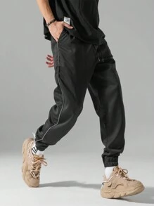 Men's Casual Tapered Cargo Pants With Embroidered Cross - Black - View 2