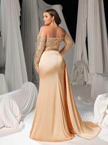 Faeriesty Plus Off Shoulder Sequin Bodice Mermaid Hem Satin Formal Dress - Champagne - View 3