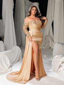Faeriesty Plus Off Shoulder Sequin Bodice Mermaid Hem Satin Formal Dress - Champagne - View 8