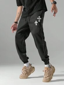 Men's Casual Tapered Cargo Pants With Embroidered Cross - Black - View 3