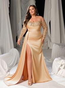 Faeriesty Plus Off Shoulder Sequin Bodice Mermaid Hem Satin Formal Dress - Champagne - View 4
