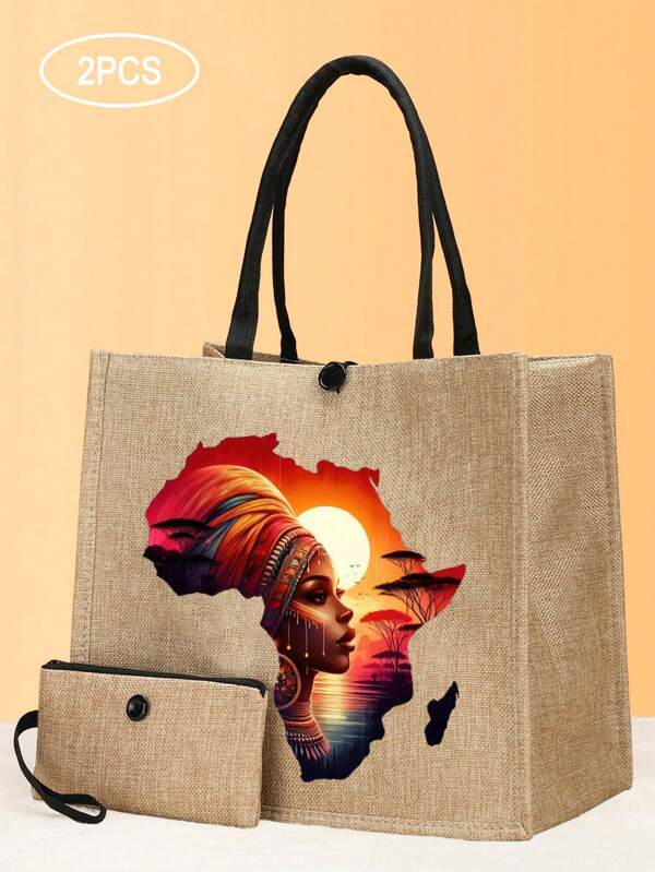 Ensemble cadeau avec sac combiné avec un design de paysage de zoo d'animaux sauvages au coucher de soleil africain. Convient pour les voyages, les achats de Noël, Thanksgiving, les cadeaux d'anniversaire