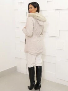 Women's Parka Coat Jacket Overcoat Fur Lining Hood Winter - Krem - View 6