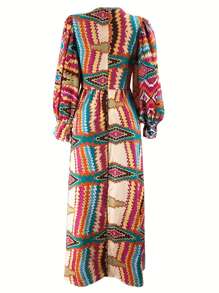 All-Over Print Long Modest Dress, Vacation Lantern Sleeve Round Neck Colorful Waistline