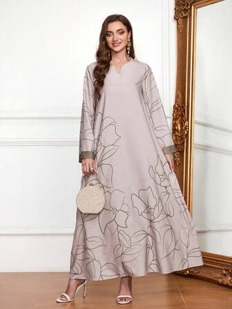 V 领长裙，全身印花，厚实柔软的四向弹力面料，优雅奢华的阿拉伯风格女式连衣裙，端庄