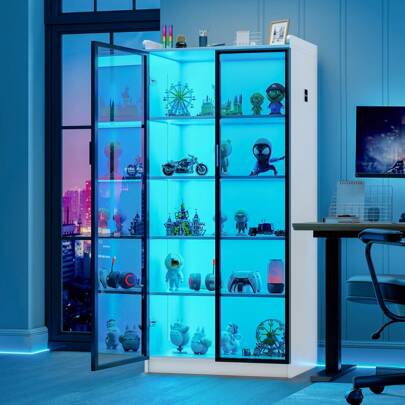  HNEBC Tall Storage Cabinet Up To 70", LED Kitchen Pantry Cabinet With Human Body Induction, 5 Tier Bookcase Display Cabinet With Adjustable Shelves For Living Room Office