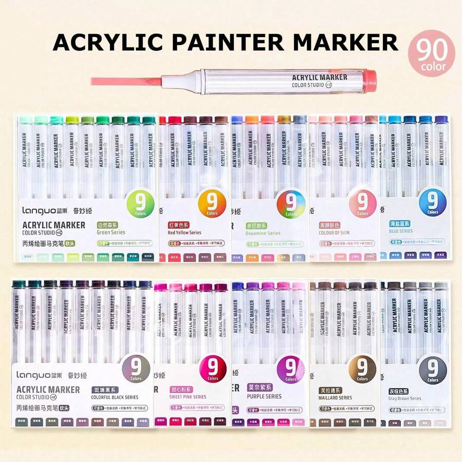 90 màu bút dạ Acrylic, bút dạ Acrylic tối giản màu xanh lá cây, màu da và màu xám dành cho học sinh, vẽ tranh tự làm, vẽ Graffiti, bút màu để vẽ truyện tranh, đồ dùng nghệ thuật chuyên nghiệp - pha trộn màu, chống thấm nước, không lem - 90 màu - Xem 1