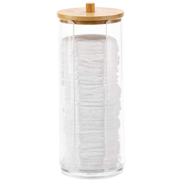 Multi-Functional Organizer ,Cotton Swab Holder With Bamboo Lid Transparent Acrylic Cotton Pad Box Cosmetic Storage Container Organizer