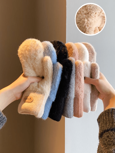 1 par de luvas de pelúcia dupla camada quentes para o inverno, laváveis, luvas de malha com dedos inteiros, luvas de ciclismo versáteis e modernas, adequadas para aquecimento e estilo ao ar livre