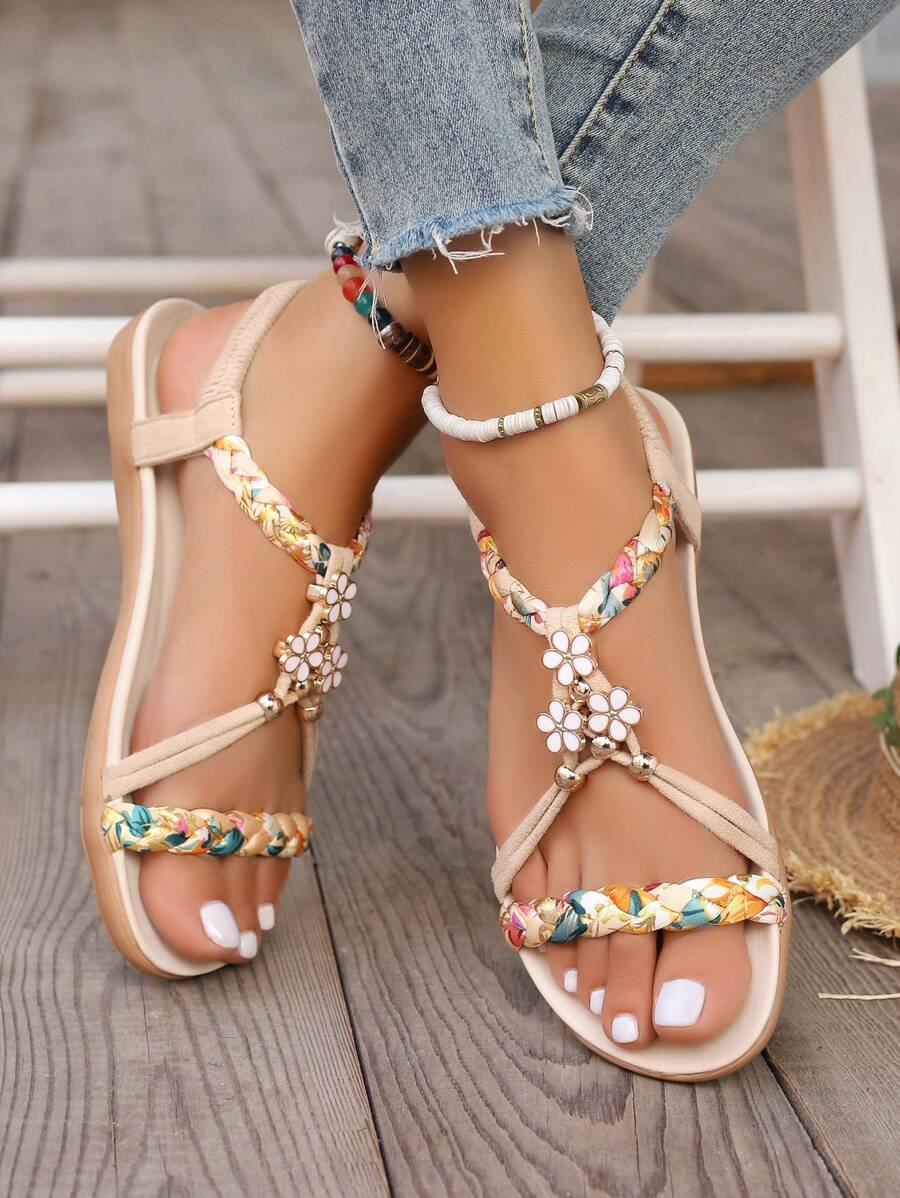 WRCVS Sandalias planas ligeras grises para mujer, zapatos planos casuales, pantuflas de suela blanda para la playa, con patrón retro tejido floral aleatorio, para atuendos de verano