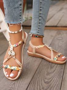 WRCVS Sandalias planas ligeras grises para mujer, zapatos planos casuales, pantuflas de suela blanda para la playa, con patrón retro tejido floral aleatorio, para atuendos de verano - Beis - Ver 4