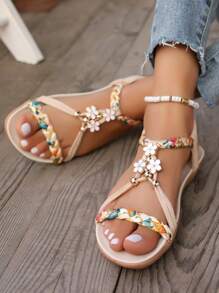 WRCVS Sandalias planas ligeras grises para mujer, zapatos planos casuales, pantuflas de suela blanda para la playa, con patrón retro tejido floral aleatorio, para atuendos de verano - Beis - Ver 6