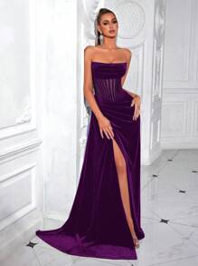 ADYCE Vestido formal de noche con parte delantera dividida, sin tirantes, con lazo en la cintura y espalda descubierta. Vestido elegante para graduación, cena formal, invitada de boda (no incluye guantes)