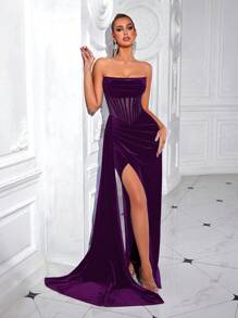 ADYCE Vestido formal de noche con parte delantera dividida, sin tirantes, con lazo en la cintura y espalda descubierta. Vestido elegante para graduación, cena formal, invitada de boda (no incluye guantes)