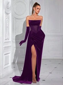 ADYCE Vestido formal de noche con parte delantera dividida, sin tirantes, con lazo en la cintura y espalda descubierta. Vestido elegante para graduación, cena formal, invitada de boda (no incluye guantes)