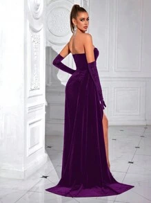 ADYCE Vestido formal de noche con parte delantera dividida, sin tirantes, con lazo en la cintura y espalda descubierta. Vestido elegante para graduación, cena formal, invitada de boda (no incluye guantes)