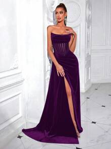 ADYCE Vestido formal de noche con parte delantera dividida, sin tirantes, con lazo en la cintura y espalda descubierta. Vestido elegante para graduación, cena formal, invitada de boda (no incluye guantes)