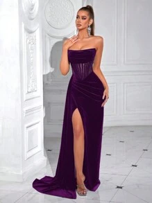 ADYCE Vestido formal de noche con parte delantera dividida, sin tirantes, con lazo en la cintura y espalda descubierta. Vestido elegante para graduación, cena formal, invitada de boda (no incluye guantes)