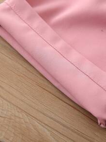 Pantalones cargo de unicolor de tiro alto para niña preadolescente con cuello vuelto y decoraciones en la cintura, diseño de pierna recta suelta, apropiado para la escuela, salidas y uso diario, primavera/verano/otoño - Rosa - Ver 9