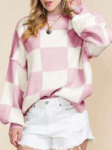 Elegant Plaid Bishop Sleeve Sweater, Long Sleeve Top - Pink - View 7