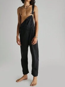 Women Denim Long Jumpsuit Casual Spaghetti Strap Wide Leg Romper Pants Summer Baggy Bib Overalls - Black - View 6