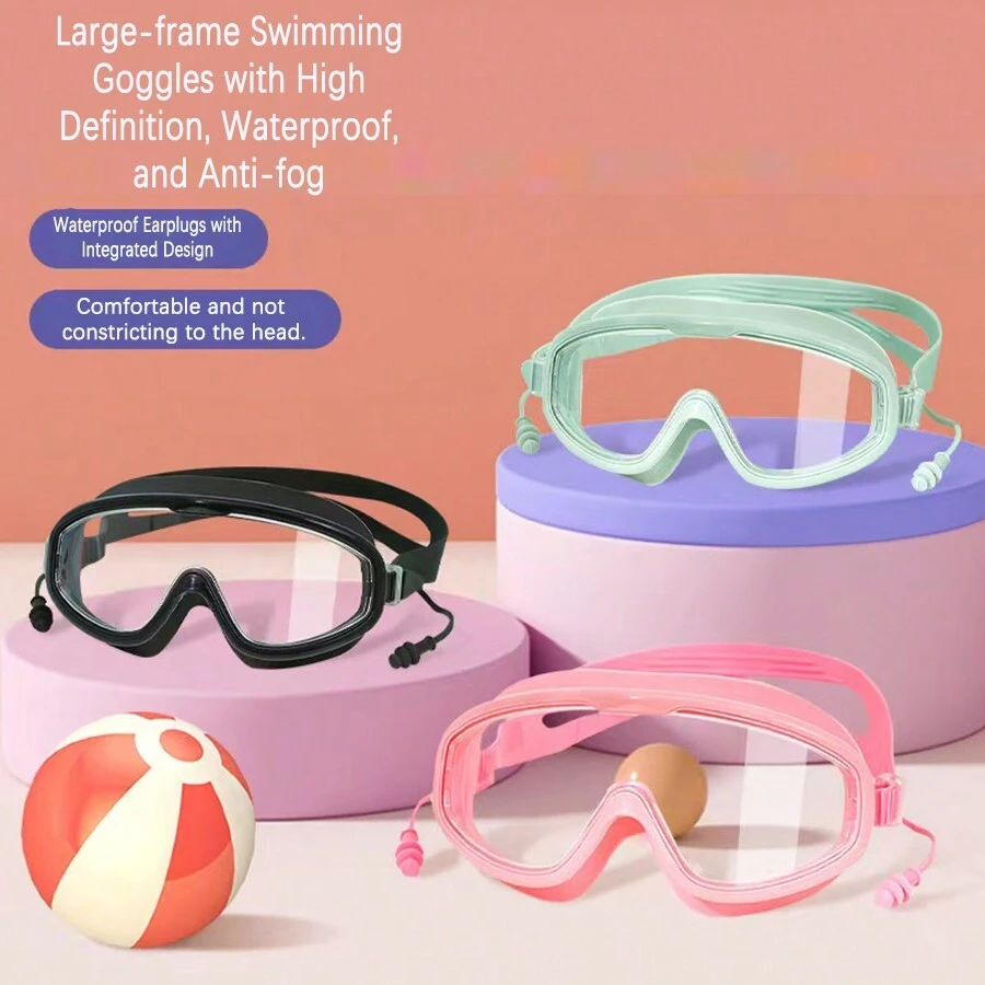 1pc Anti-Fog, Waterproof Large Frame Swimming Goggles With Earplugs, Silicone Diving Mask, Beach Essentials, Beach Accessories, Pool Float - Multicolor - View 1