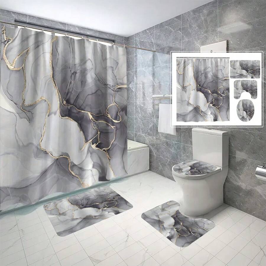 Marble Pattern Printed Bath Curtain Set, Toilet Seat Cover, U-Shape Mat, Bath Mat, Waterproof Bathtub Curtain, Bathroom Accessories With Hooks Home Bathroom Decor Fall Decor Back To School